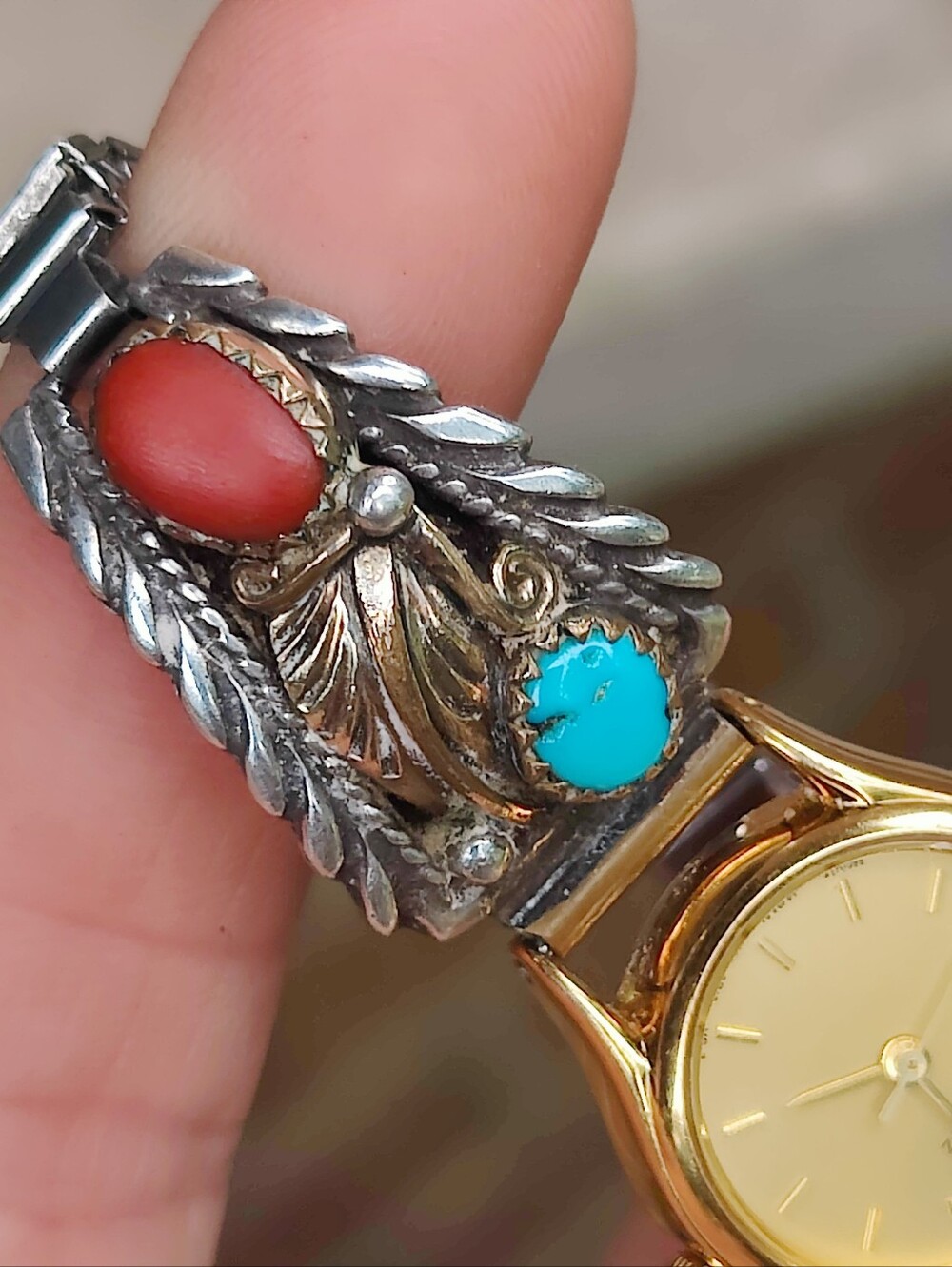 Vintage Sterling Silver Navajo Turquoise And Coral Watch - Picture 4 of 6